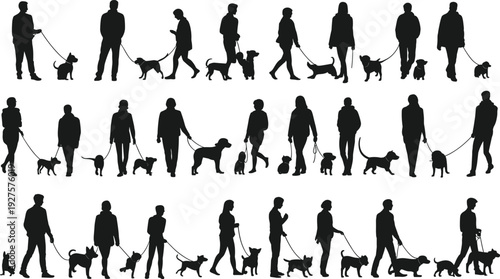 People walking dogs silhouette set, men and women with pets on leash isolated on white background for pet care design