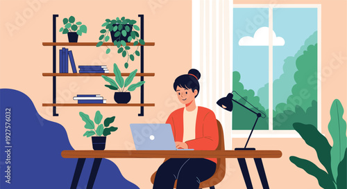 Modern flat illustration of a young woman working on her laptop at a desk surrounded by indoor plants and books.
