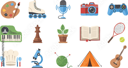 Icon Set Representing Hobbies and Interests Including Music, Sports, Art, and Outdoor Activities for Digital Design