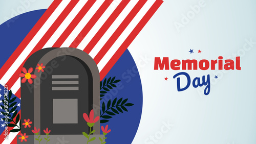 Memorial day graphic with tombstone in blue circle and flag background
