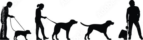 People walking dogs silhouettes collection, pet owner black vector set isolated on white background illustration