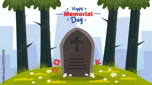 memorial day card with gravestone and flowers in green pine forest background