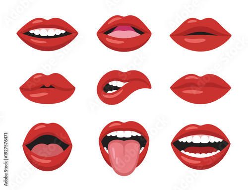 Set of Female Lips, Red Gradient Lipstick Vector Illustrations Featuring Stylish and Glamorous Lip Shapes, Perfect for Beauty Branding, Cosmetics Design, and Creative Projects.