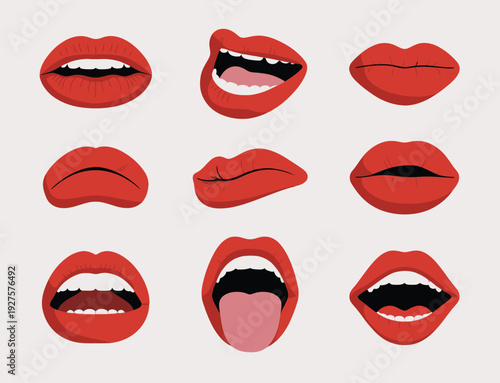 Set of Red Female Lips, Gradient Lipstick Vector Collection Showcasing Elegant and Fashionable Lip Shapes for Makeup Branding, Beauty Logos, and Graphic Design Applications.