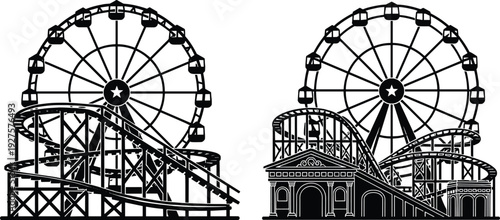 Amusement park silhouette with ferris wheel and roller coaster, carnival theme isolated vector illustration collection
