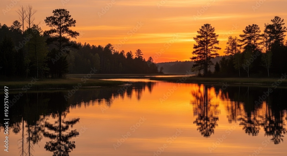 Fototapeta premium A beautiful lake connected to a slow river, glowing under a warm golden sunset. The sky is filled with orange and pink colors, reflecting across the still lake and moving river. Tall trees stand silen