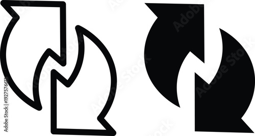 Two icons depicting a refresh or exchange symbol, one outlined and one filled black, on a white background.
