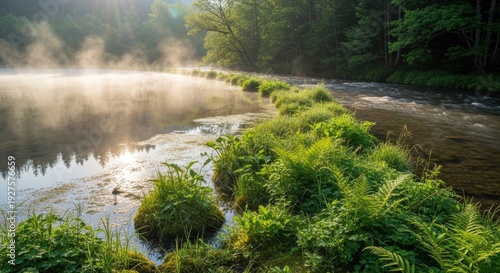 A crystal-clear lake beside a flowing river in the early morning. Light mist rises from the water, and fresh green plants grow along the edges. Gentle sunlight filters through nearby trees, illuminati