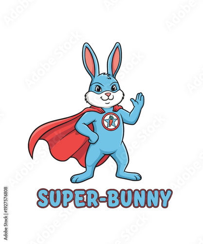 Cartoon super bunny hero flying with cape in blue and red costume isolated on white background