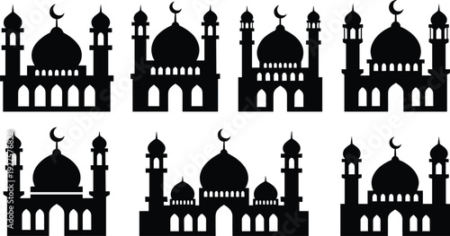Islamic mosque silhouette collection, black Ramadan mosque icons set isolated religious architecture vector illustration