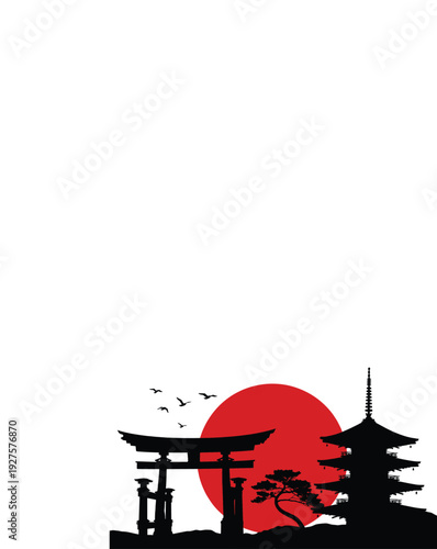 Japanese landscape silhouette with red sun, torii gate, pagoda temple, bonsai tree, and flying birds on white background.