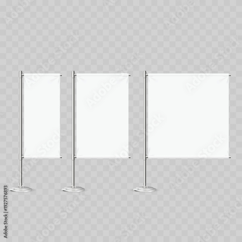 Realistic White Vertical Banner Stand Set. Vector Metal Trade Show Flag Templates in Various Sizes.