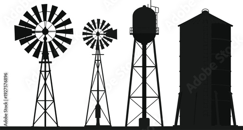 Rural farm windmill and water tower silhouette set, agricultural industry structures isolated vector illustration collection