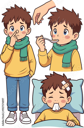 Sick little boy character set with flu symptoms, taking medicine, resting in bed, and feeling unwell, cartoon vector.