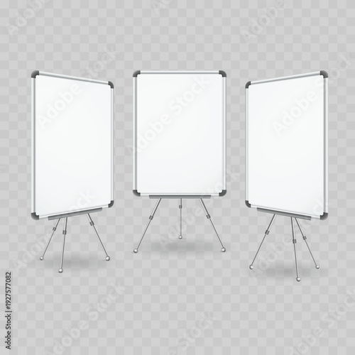 Realistic Vertical Whiteboard Mockup Set. Vector Blank Dry Erase Flip Chart on Tripod Stand.