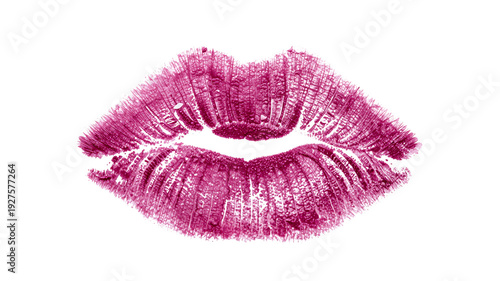 Lipstick kiss mark on white background, vibrant magenta color, romantic gesture, isolated for design element