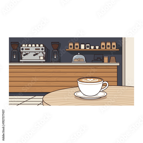 Cozy Coffee Shop Counter with Espresso Machine and Latte