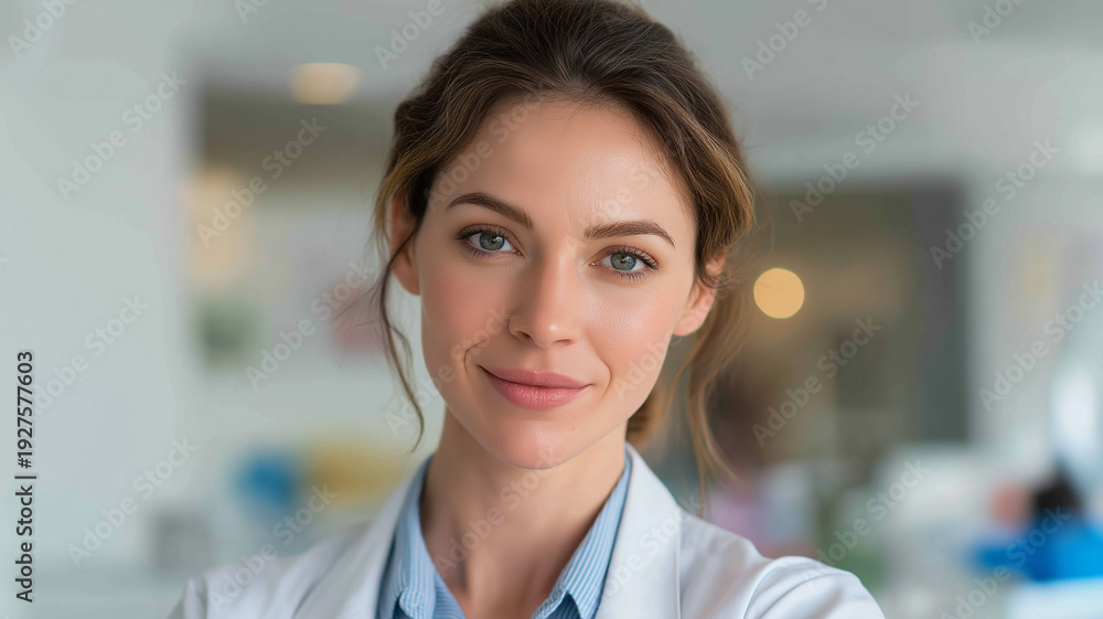 Fototapeta premium A smiling female doctor prepares to assist patients in a busy clinic Generative AI