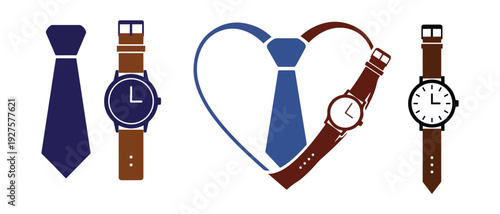 Ties and watches in various combinations on white background