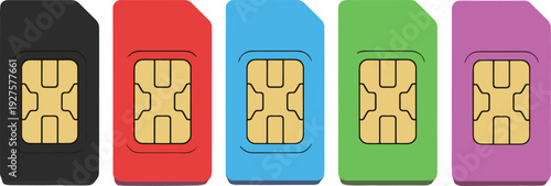 Collection of SIM card vector icons and colorful 3D chips featuring single and dual slot designs for mobile cellular connectivity and telecommunication technology