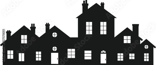 Residential houses silhouette row with windows and chimneys, suburban neighborhood homes isolated on white background illustration design