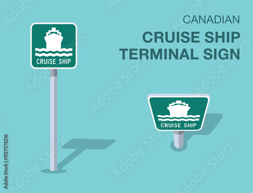 Traffic regulation rules. Isolated canadian "cruise ship terminal" road sign. Front and top view. Flat vector illustration template.