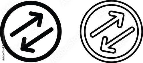 Two black and white vector icons depicting diagonal arrows pointing in opposite directions within a circular frame, symbolizing exchange, transfer, or refresh.