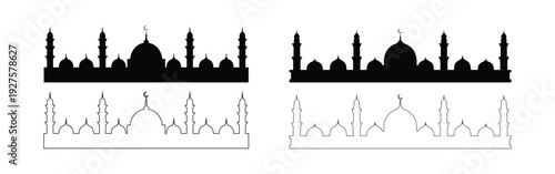 Islamic mosque architecture silhouette and outline icons in various styles  religious building designs