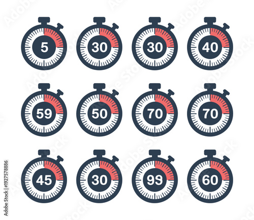 Set of Stopwatch and Digital Timer Icons, Countdown Collection Displaying 5, 10, 15, 20, 25, 30, 35, 40, 45, 50, 55, and 60 Minutes in Vector Illustration.