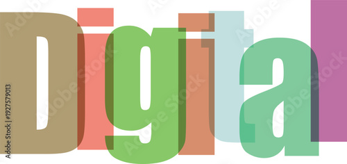 Digital word concept with colorful overlapping letters and shadows creating abstract modern design on transparent background