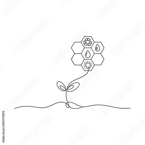 A minimalist line drawing depicts a flower composed of hexagonal cells each containing a small icon