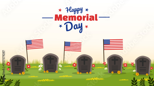 memorial day background with rows of graves and american flags on grass