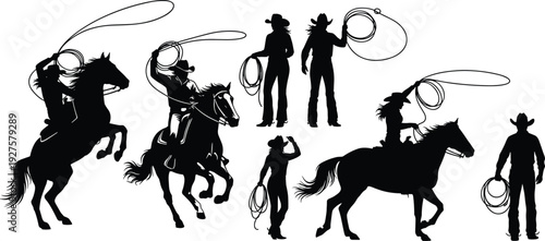 Black cowboy silhouette vector set, rodeo rider on horse with lasso, western cowgirl ranching collection isolated on white background, bundle,
