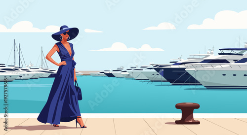 Elegant vector illustration of a woman in a blue dress and hat posing by a luxury yacht marina, sophisticated lifestyle