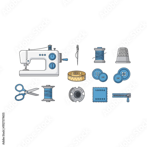 Modern Sewing Machine and Tailoring Supplies Vector Illustration