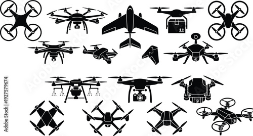 Drone silhouettes collection with quadcopter, delivery drone, aerial camera and airplane icons isolated on white background for aviation technology, surveillance, logistics, and modern 