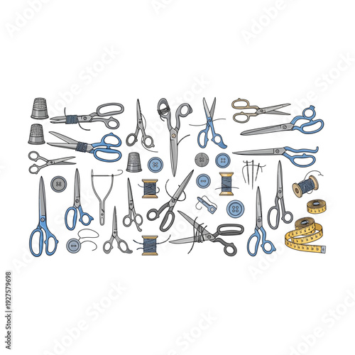 Vintage Sewing Tool Collection with Scissors Thimbles and Thread