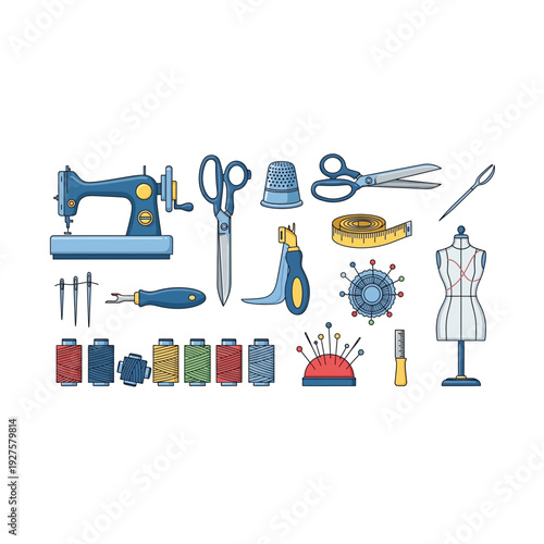 Professional Tailor Sewing Kit and Dressmaking Tools Illustration