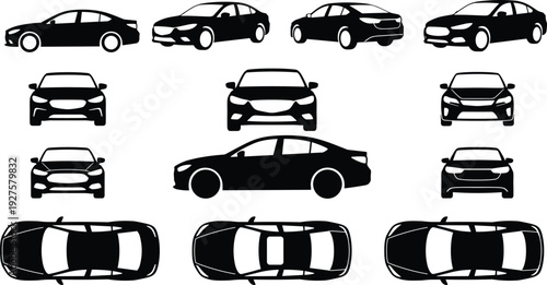 Sedan car silhouette set featuring front, rear, side and top views, modern automobile collection isolated on light background for automotive design and transport infographic use