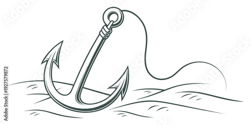 A detailed illustration of a fishing hook with a line and a floating buoy. Vector