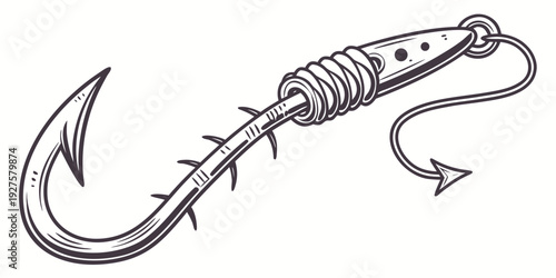 A detailed illustration of a fishing hook with a lure attached, showcasing its intricate design. Vector