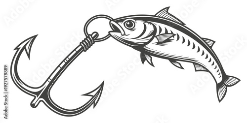 A stylized illustration of a fish being hooked by a fishing hook. Vector