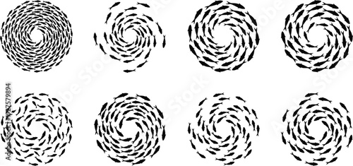 School of fish circular patterns set, underwater marine animal silhouettes forming spiral shapes isolated on light background for ocean design, wildlife illustration and decorative graphics