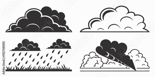 Four different weather conditions with rain, clouds, and sunshine depicted in simple illustrations Vector