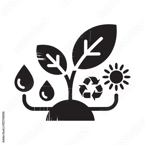 A stylized black glyph depicting a growing plant with water droplets sun and recycling symbol high quality