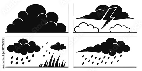 Four distinct weather conditions depicted in a single image with rain and clouds. Vector