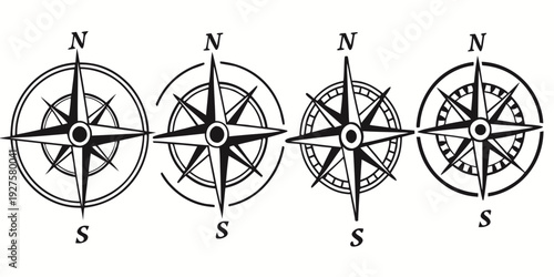 Four compasses with north, south, east, and west directions marked. Vector