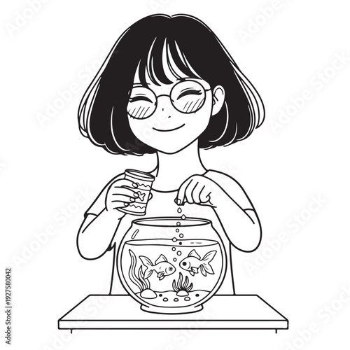 Cute Girl with Glasses Feeding Goldfish in Fishbowl Line Art Illustration
