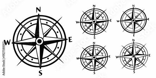 A collection of various compass rose designs and orientations Vector