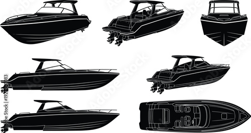 Luxury motorboat and speedboat silhouette collection with multiple views, marine leisure vessel set isolated on light background for nautical design and transport illustration projects